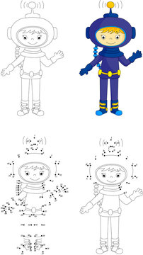 Cartoon astronaut. Coloring book and dot to dot game for kids
