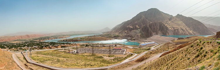 Panorama of Russian Hydro-power station / HPS Sangtuda 1 in Tajikistan