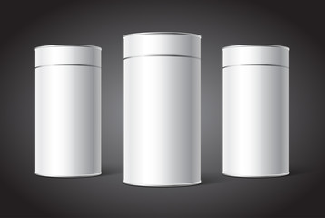 Three White Blank Tin can packaging mockup. Tea, coffee, dry products, gift box.