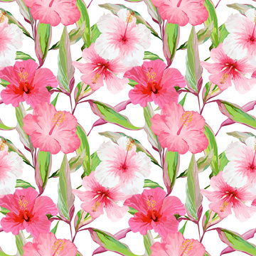 Tropical Flowers and Leaves Background. Seamless Pattern. Vector