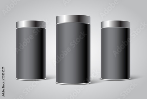 Download "Three Black Blank Tin can packaging mockup. Tea, coffee, dry products, gift box." obrazów ...