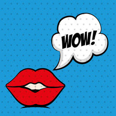 Pop art concept represented by female mouth icon. Colorfull illustration. Blue background