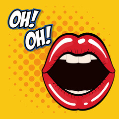 Pop art concept represented by female mouth icon. Colorfull illustration. Yellow background