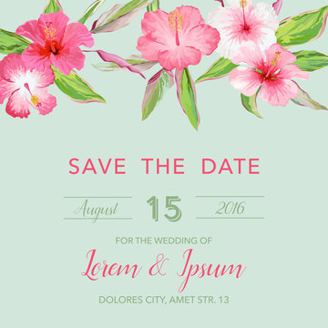 Wedding Invitation Card - with Tropical Flowers Background - Save the Date