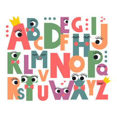 Cartoon alphabet with eyes and lashes on white background. Cute abc design for book cover, poster, card, print on baby's clothes, pillow etc. Colorful letters composition.
