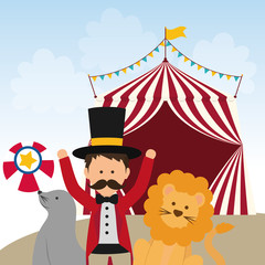 Circus and carnival concept represented by Lion, seal and tamer icon. Colorfull illustration. 