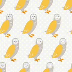 Seamless pattern with cute cartoon owls on grey dotted background.