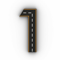 number one symbols of the Figures in the form of a road with white and yellow line markings 3d rendering