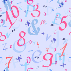 Seamless pattern with symbols,  alphabet, numbers. 
