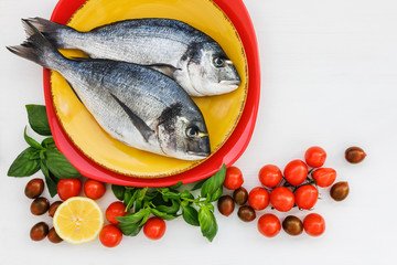 Raw dorado fish on plate. Top view, copy space.