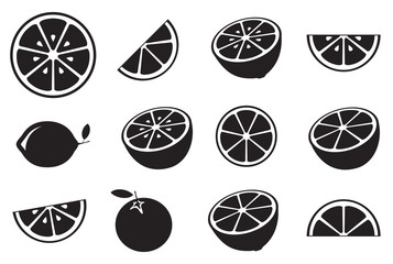 Collection of citrus slices - orange, lemon, lime and grapefruit, icons set, black isolated on white background, vector illustration.
