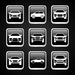 Transporation design represented by set of cars silhouette over frames design. Flat illustration. Black background