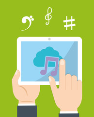 Music online represented by tablet, cloud and music note icon. Colorfull and Flat illustration