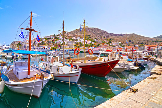 traditional boats at Hydra island Saronic Gulf Greece