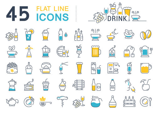 Set Vector Flat Line Icons Drinks and Alcohol
