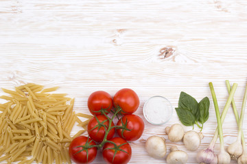 Ingredients. Tomatoes, pasta, garlic, basil, champignon and salt.
