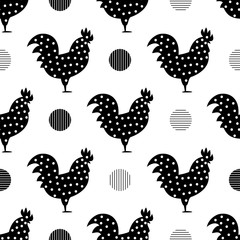 Roosters with decorative dots. Seamless pattern background with roosters. Symbol of 2017 year. Black and white rooster texture.