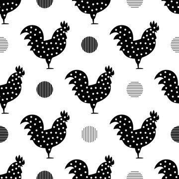 Roosters with decorative dots. Seamless pattern background with roosters. Symbol of 2017 year. Black and white rooster texture.
