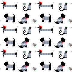 French style dressed animals seamless pattern. Cute cartoon parisian dachshund, cat, birds and scottish terrier vector illustration. Cute design for print on baby's clothes, textile, decor.