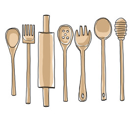 wooden kitchen utensils set of hand drawn art cute illustration