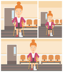 Woman with broken leg and crutches.