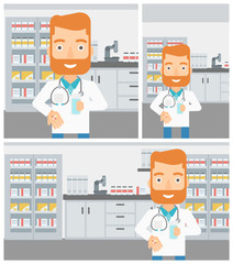 Pharmacist giving pills and glass of water.