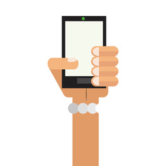 simple flat design hand holding cellphone icon vector illustration