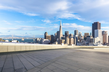 empty floor with cityscape and skyline of san francisco in sunny