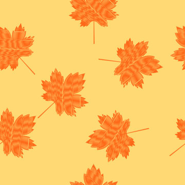 Scribbled maple leaves seamless pattern on a light yellow background. Autumn background.