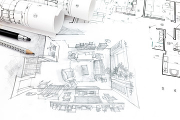 home renovation concept with architect blueprints and hand-drawn
