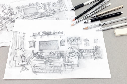 hand-drawn sketches of home interior with drawing tools on gray