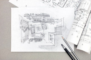 freehand sketch architectural drawing of living room with pencil