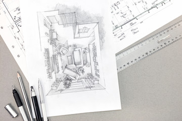 architectural sketch with technical drawing and pencils on desk