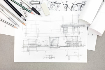 concept of home renovation architectural sketch with drawing too