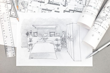 hand-drawn illustration of bedroom interior with drawing tools a