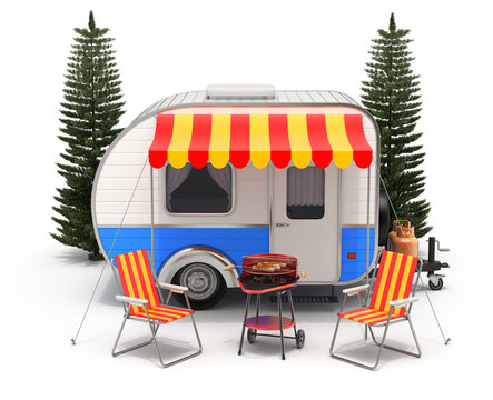 RV camper trailer with camping equipment on white background