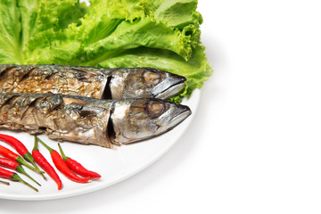 steak fish mackerel grilled Saba and ingredient side dish isolated on white