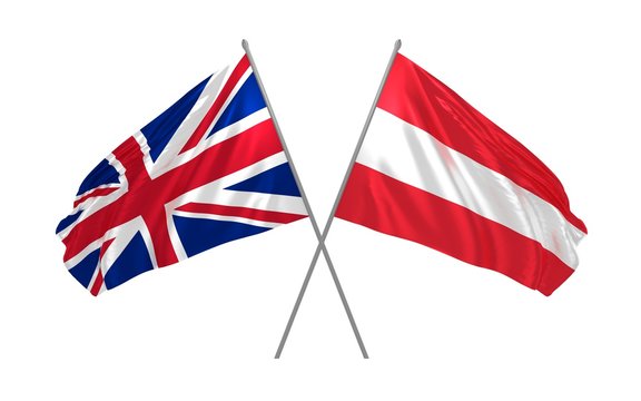 3d illustration of UK and Austria flags together waving in the wind
