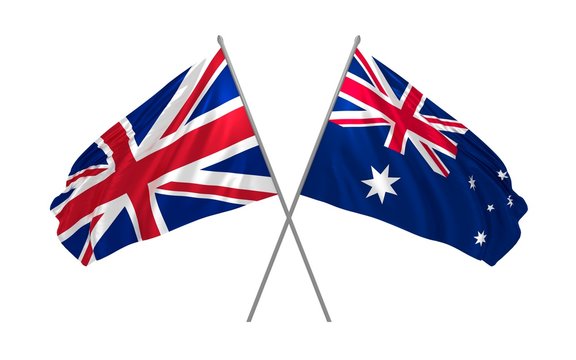 3d illustration of UK and Australia flags together waving in the wind