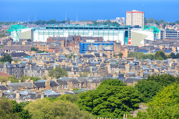 Fototapeta na wymiar Edinburgh city aerial view and football stadium as seen from Nel