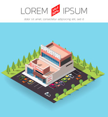 Fototapeta premium isometric infographic element representing shopping mall or supermarket or superstore building with car and tree on the blue background.