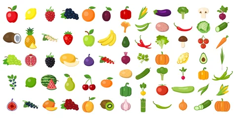 Fotobehang Set van groenten en fruit. Verschillende kleurrijke groenten en fruit. Allerlei soorten groene groenten en fruit voor het koken van maaltijden, planten in de tuin. © inspiring.team