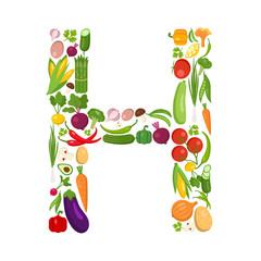 H letter from vegetables. Green alphabet. Fresh green vegetables for healthcare. Healthy diet concept. All vegetables like carrot, onion, tomato, pepper, cucumber, cabbage.