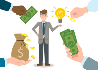 Businessman gets money for the idea. Handsome businessman has idea bulb. Selling new ideas, getting money. Funding concept.