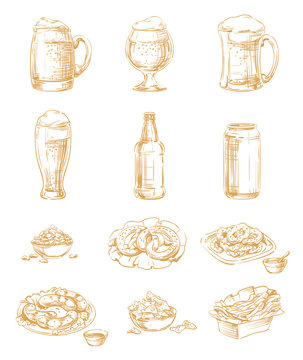 Set of Icons snacks and beer in a glass, mug, bottle, cup, jar and pot. Hand drawing strokes, lines images for Oktoberfest or menu the restaurant, pub, bistro, snack bar, isolated sepia, brown vector