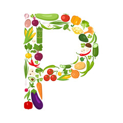 P letter from vegetables. Green alphabet. Fresh green vegetables for healthcare. Healthy diet concept. All vegetables like carrot, onion, tomato, pepper, cucumber, cabbage.