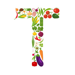 T letter from vegetables. Green alphabet. Fresh green vegetables for healthcare. Healthy diet concept. All vegetables like carrot, onion, tomato, pepper, cucumber, cabbage.