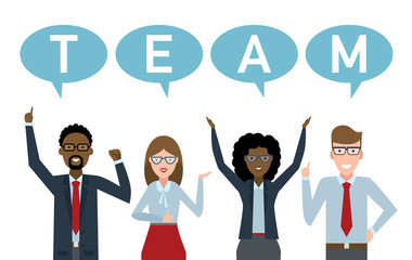 Teamwork concept. Four businessmen with speech bubbles teamwork. Success in business, career and communication. Happy partership helps find solution and achieve success.