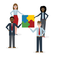 Teamwork, team buildig concept. Taking puzzle pieces together. Partnership, brainstorming and finding solution together. Join the team.