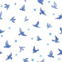 Cute birds, small flowers. Seamless pattern. Watercolor